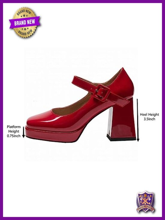 Women Platform Chunky Heels Pumps Square Toe Block Heels Mary Jane Buckle Strap